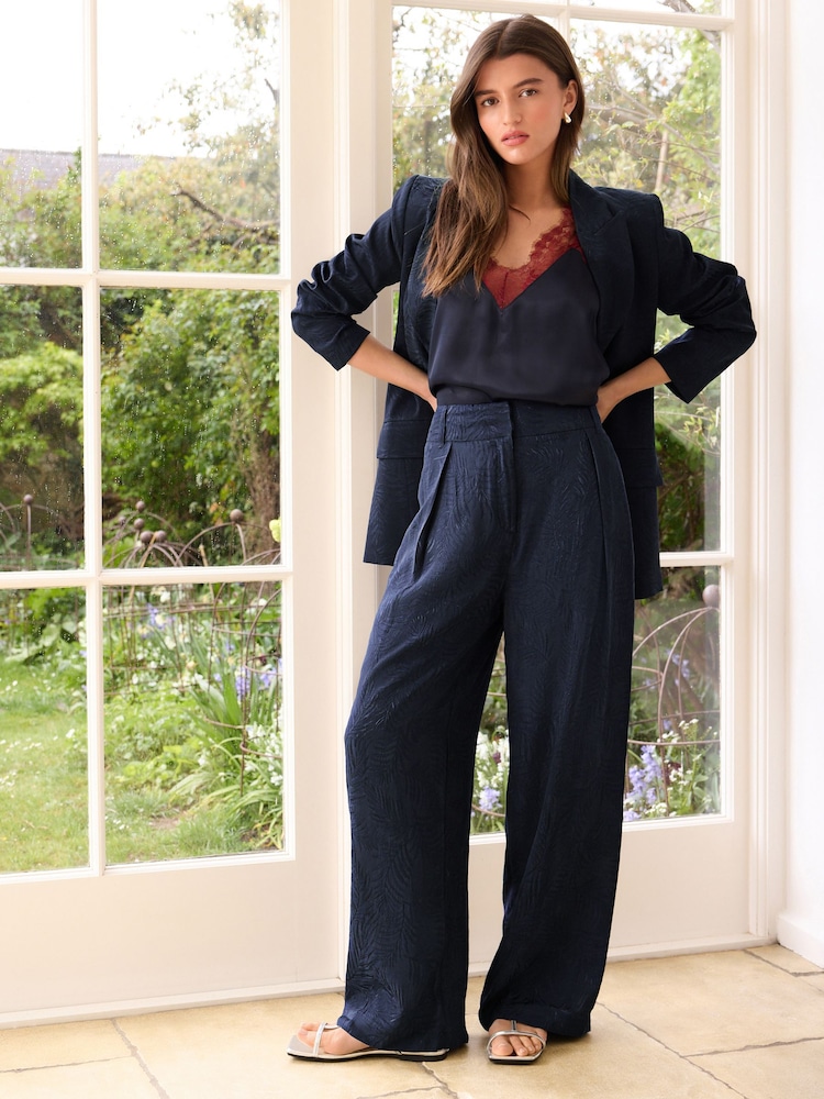 Navy Satin Jacquard Wide Leg Trousers - Image 1 of 7