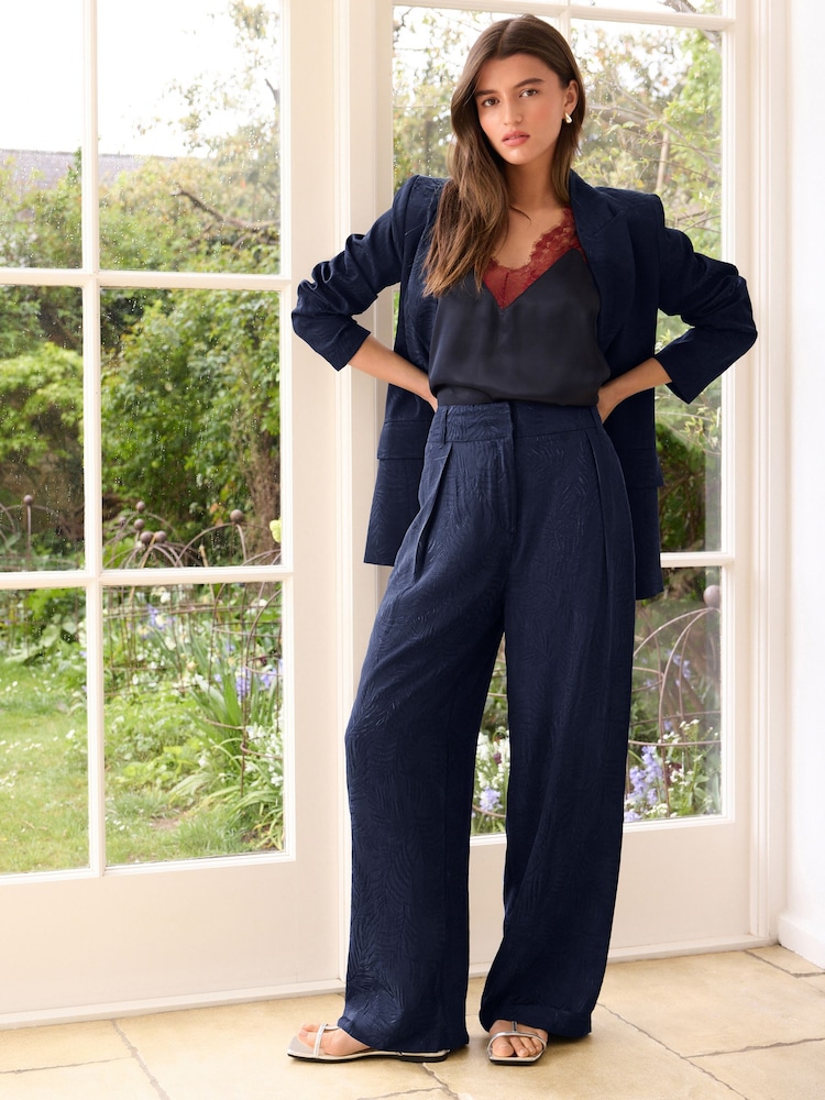 Navy Satin Jacquard Wide Leg Trousers - Image 1 of 7 Navy Satin Jacquard Wide Leg Trousers - Image 1 of 7