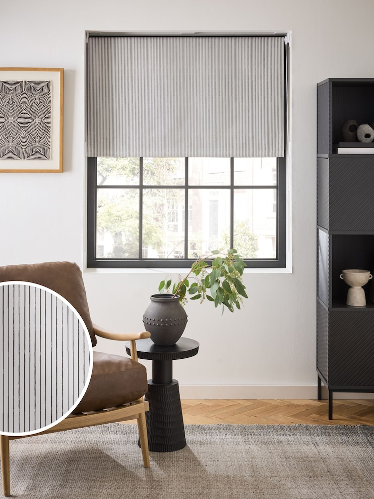 Natural/Black Ready Made Blackout Stripe Print Roller Blind - Image 1 of 8
