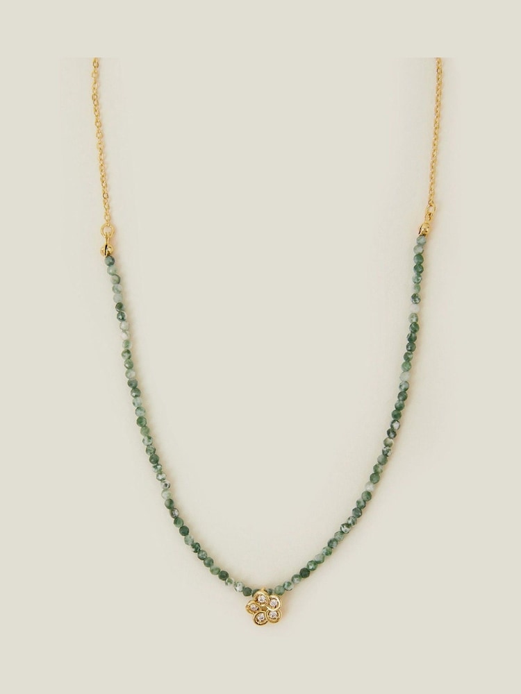 Accessorize Gold 14ct Plated Flower Pendant Jade Bead Necklace - Image 1 of 2