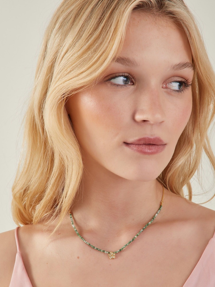 Accessorize Gold 14ct Plated Flower Pendant Jade Bead Necklace - Image 2 of 2