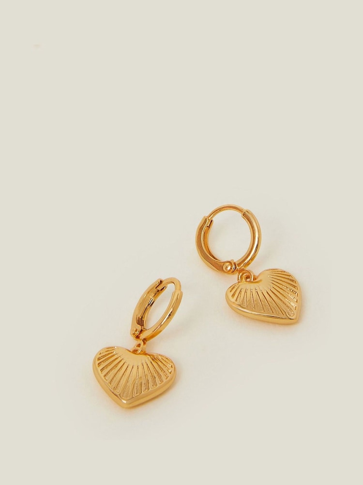 Accessorize Gold Tone 14ct Ridge Heart Drop Hoop Earrings - Image 2 of 2 Accessorize Gold Tone 14ct Ridge Heart Drop Hoop Earrings - Image 2 of 2