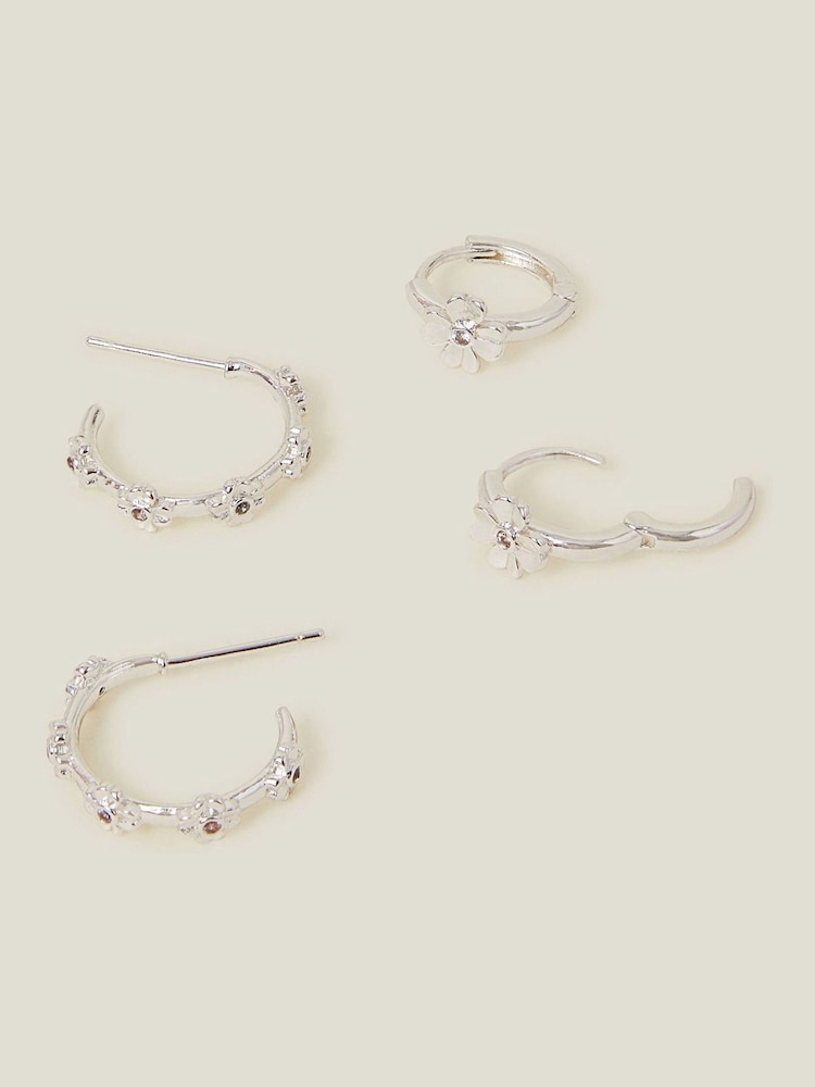 Accessorize Silver Sterling Silver Plated Flower Hoop Earrings 2 Pack - Image 1 of 3
