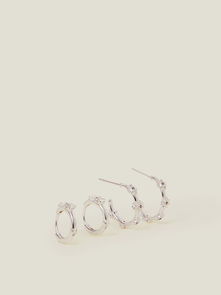 Accessorize Silver Sterling Silver Plated Flower Hoop Earrings 2 Pack - Image 2 of 3