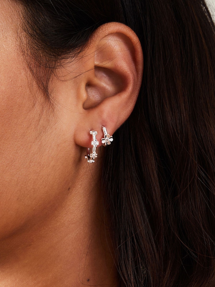 Accessorize Silver Sterling Silver Plated Flower Hoop Earrings 2 Pack - Image 3 of 3
