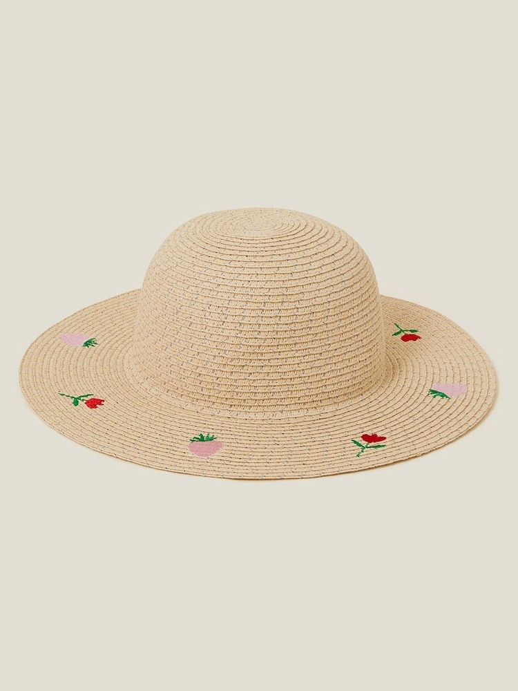 Angels By Accessorize Natural Girls Strawberry Embroidered Straw Hat - Image 1 of 2