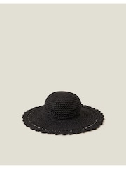 Accessorize Black Scallop Floppy Straw Sun Hat - Image 1 of 2