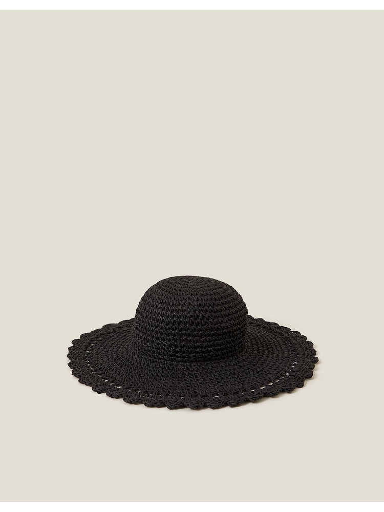 Accessorize Black Scallop Floppy Straw Sun Hat - Image 1 of 2