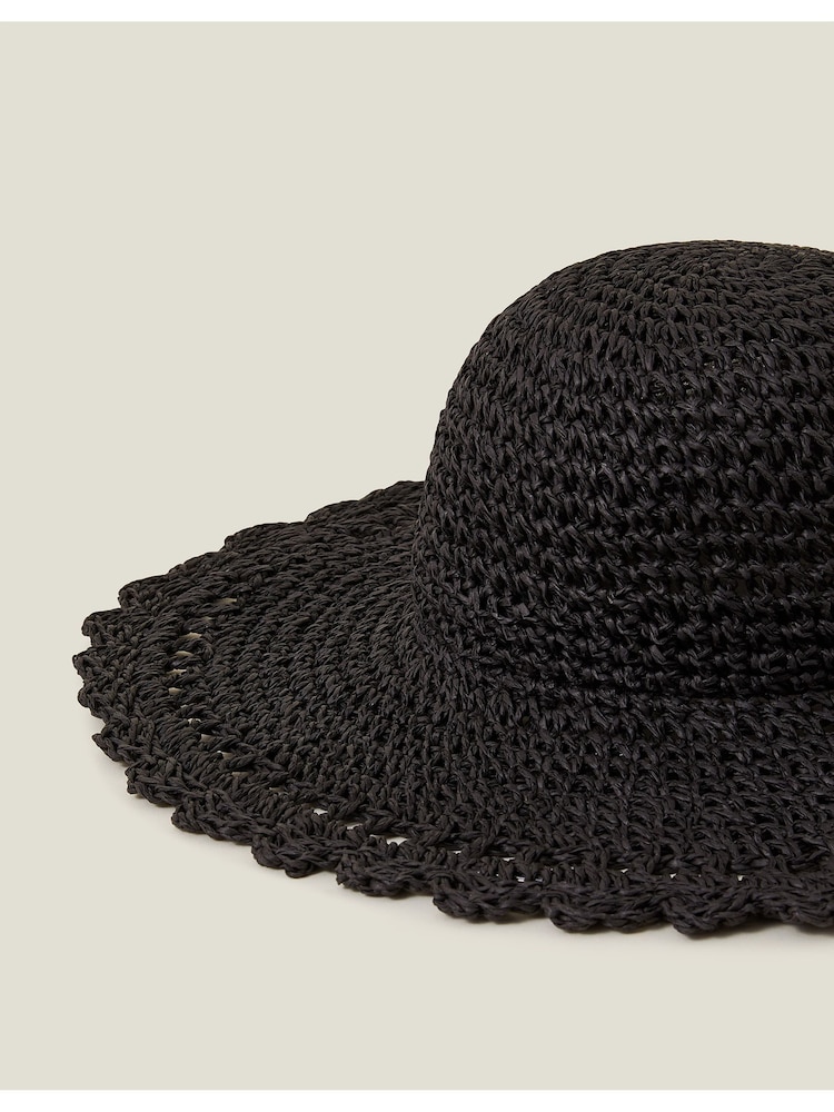 Accessorize Black Scallop Floppy Straw Sun Hat - Image 2 of 2