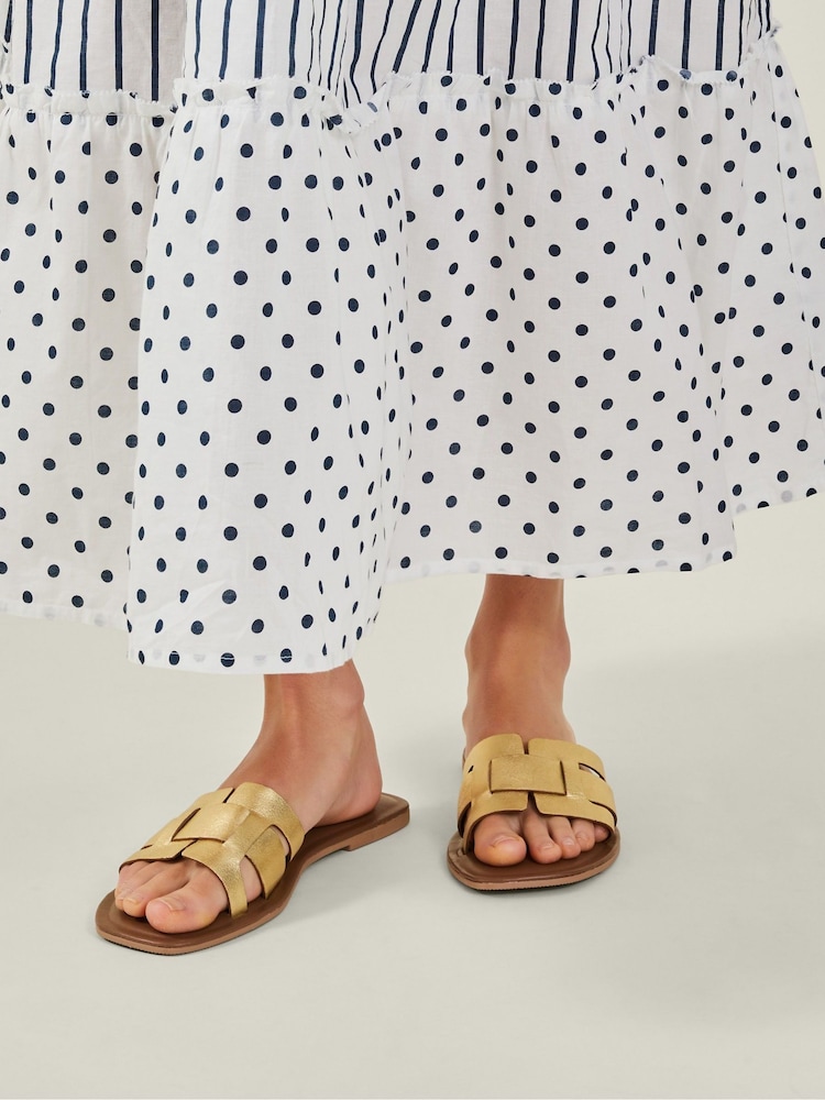 Accessorize Gold Metallic Leather Cut-Out Slide Sandals - Image 1 of 3 Accessorize Gold Metallic Leather Cut-Out Slide Sandals - Image 1 of 3