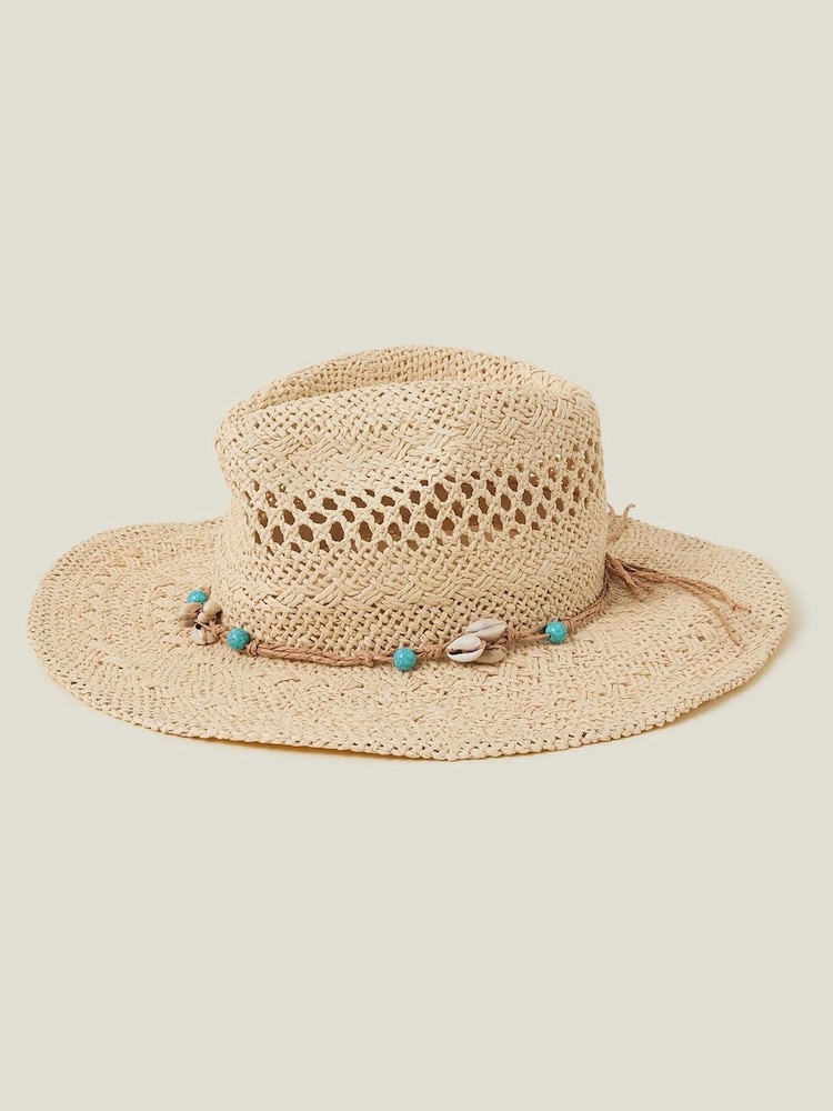 Accessorize Natural Shell Beaded Straw Stetson Hat - Image 1 of 2