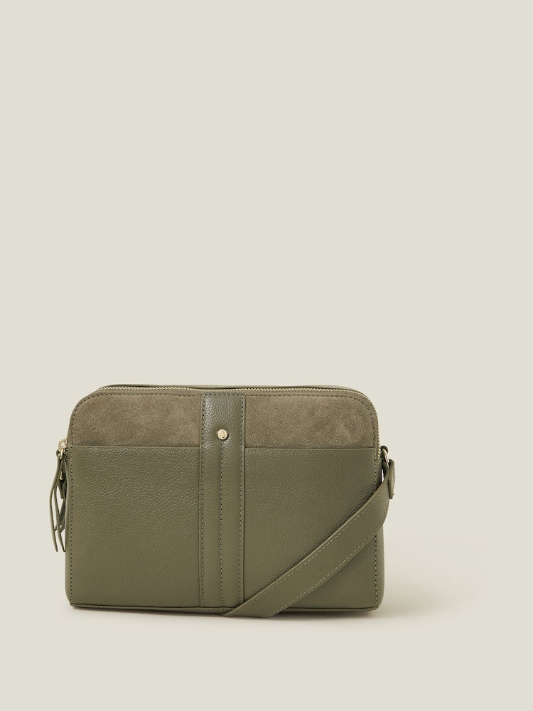 Accessorize Green Double Zip Leather Cross-Body Bag - Image 1 of 2 Accessorize Green Double Zip Leather Cross-Body Bag - Image 1 of 2