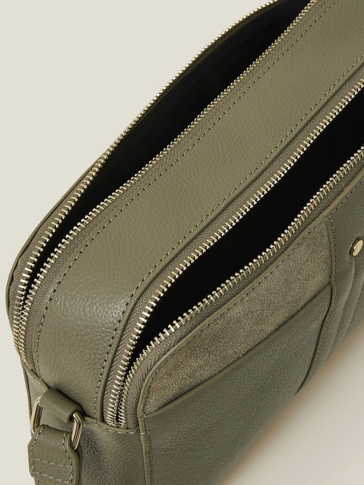 Accessorize Green Double Zip Leather Cross-Body Bag - Image 2 of 2 Accessorize Green Double Zip Leather Cross-Body Bag - Image 2 of 2