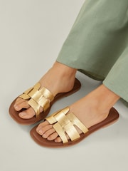 Accessorize Gold Wide Fit Metallic Leather Cut-Out Slide Sandals - Image 1 of 3