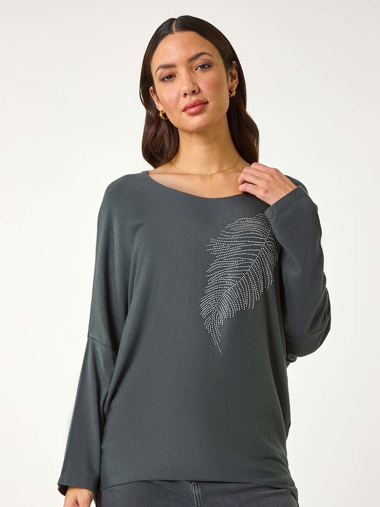 Roman Grey Hotfix Feather Stretch Knit Top - Image 1 of 5