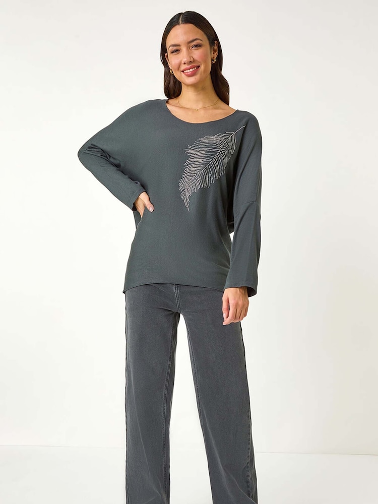 Roman Grey Hotfix Feather Stretch Knit Top - Image 2 of 5
