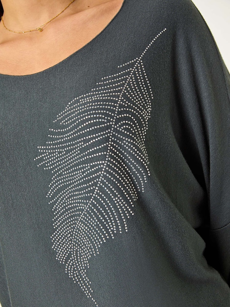 Roman Grey Hotfix Feather Stretch Knit Top - Image 5 of 5