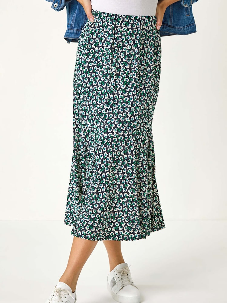 Roman Blue Floral Print Panel Skirt - Image 4 of 5