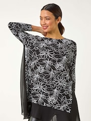 Roman Black Floral Print Mesh Hem Tunic Top - Image 1 of 5