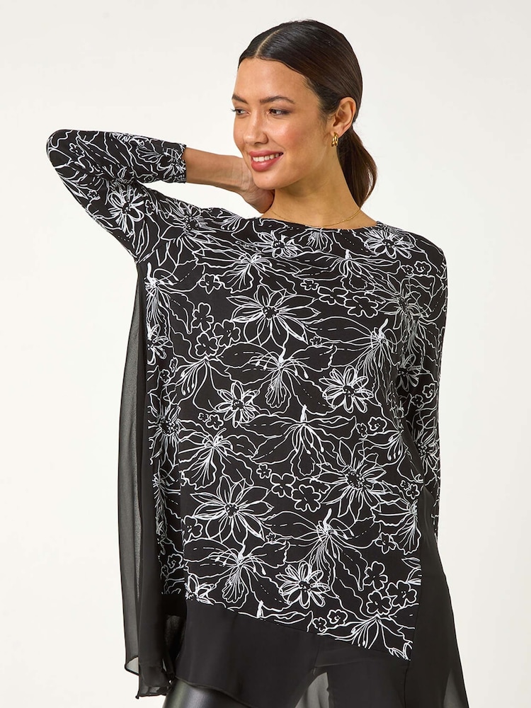Roman Black Floral Print Mesh Hem Tunic Top - Image 1 of 5