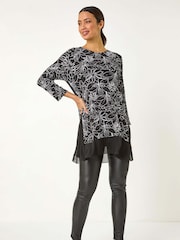 Roman Black Floral Print Mesh Hem Tunic Top - Image 2 of 5