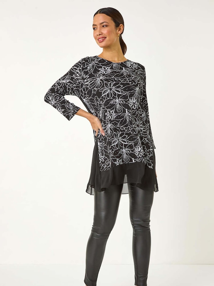 Roman Black Floral Print Mesh Hem Tunic Top - Image 2 of 5
