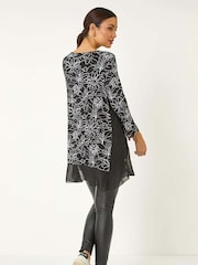 Roman Black Floral Print Mesh Hem Tunic Top - Image 3 of 5