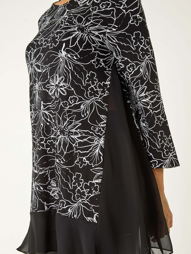 Roman Black Floral Print Mesh Hem Tunic Top - Image 5 of 5