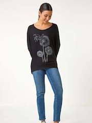 Roman Black Hotfix Dandelion Stretch Knit Top - Image 2 of 5
