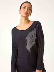 Roman Black Hotfix Feather Stretch Knit Top - Image 1 of 5