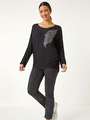 Roman Black Hotfix Feather Stretch Knit Top - Image 2 of 5