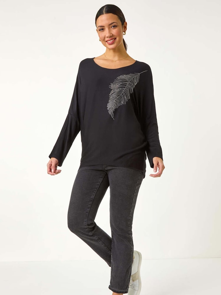 Roman Black Hotfix Feather Stretch Knit Top - Image 2 of 5