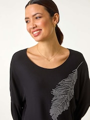 Roman Black Hotfix Feather Stretch Knit Top - Image 4 of 5