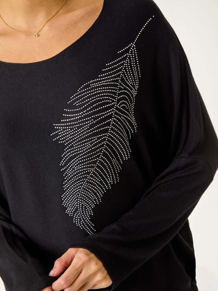 Roman Black Hotfix Feather Stretch Knit Top - Image 5 of 5