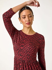 Roman Red Geometric Pocket Stretch Midi Dress - Image 4 of 5