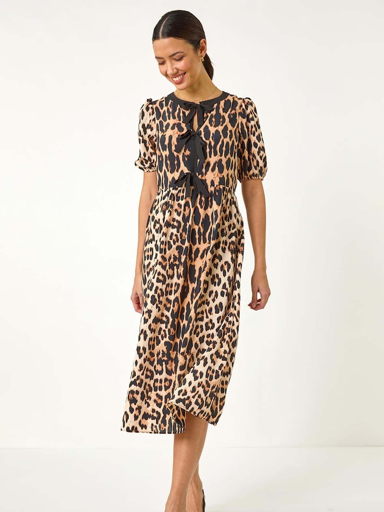 Roman Natural Animal Print Tie Detail Midi Dress - Image 1 of 5