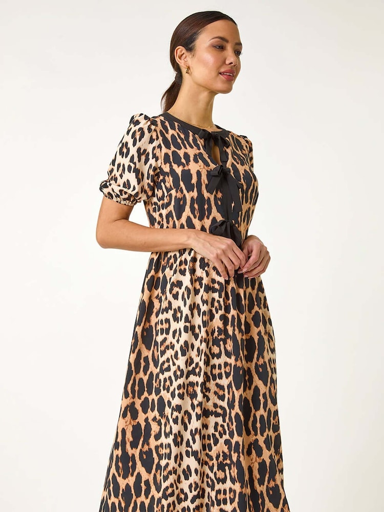 Roman Natural Animal Print Tie Detail Midi Dress - Image 4 of 5