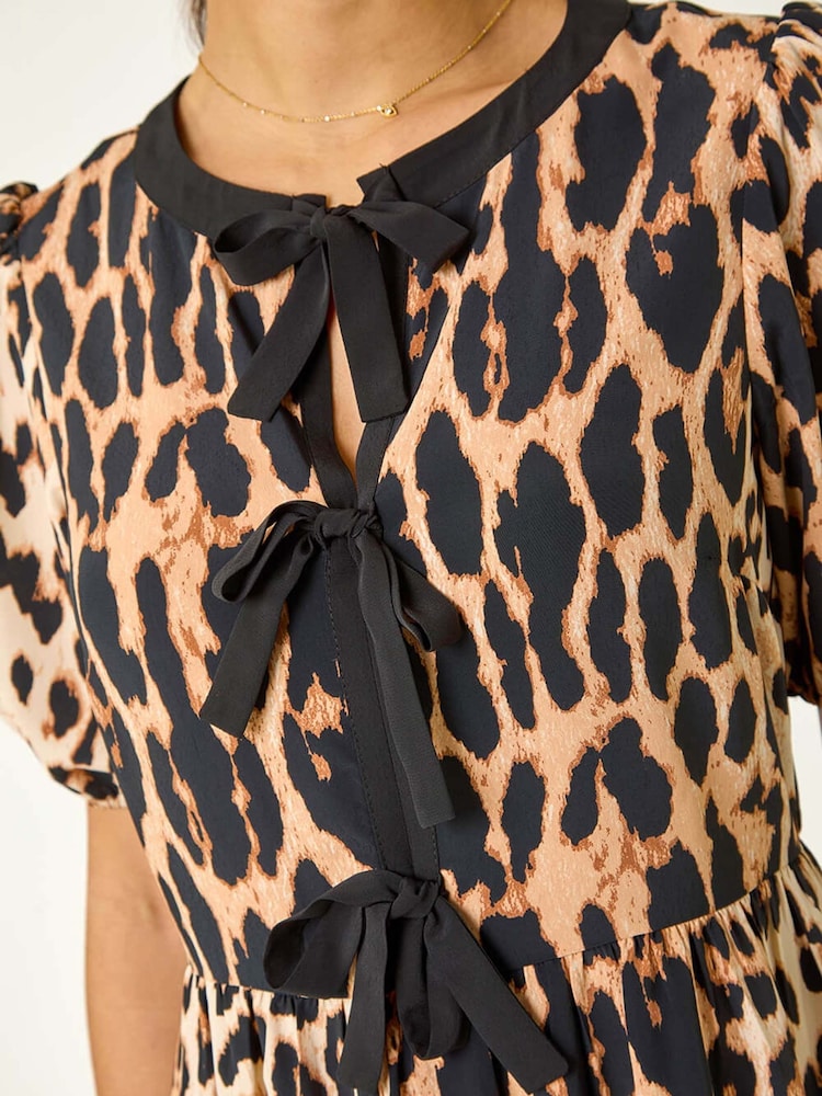 Roman Natural Animal Print Tie Detail Midi Dress - Image 5 of 5