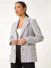 Roman Black Check Frayed Edge Boucle Button Jacket - Image 4 of 5