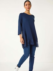 Roman Blue Lace Floral Print Hem Tunic Top - Image 2 of 5