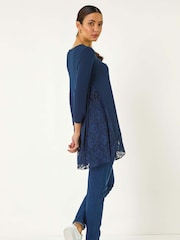 Roman Blue Lace Floral Print Hem Tunic Top - Image 3 of 5