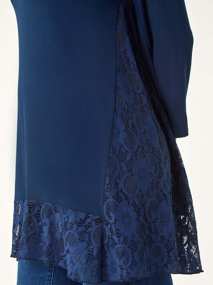 Roman Blue Lace Floral Print Hem Tunic Top - Image 5 of 5