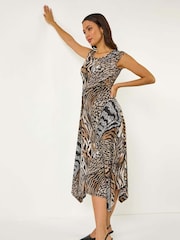 Roman Brown Animal Print Hanky Hem Midi Dress - Image 1 of 5
