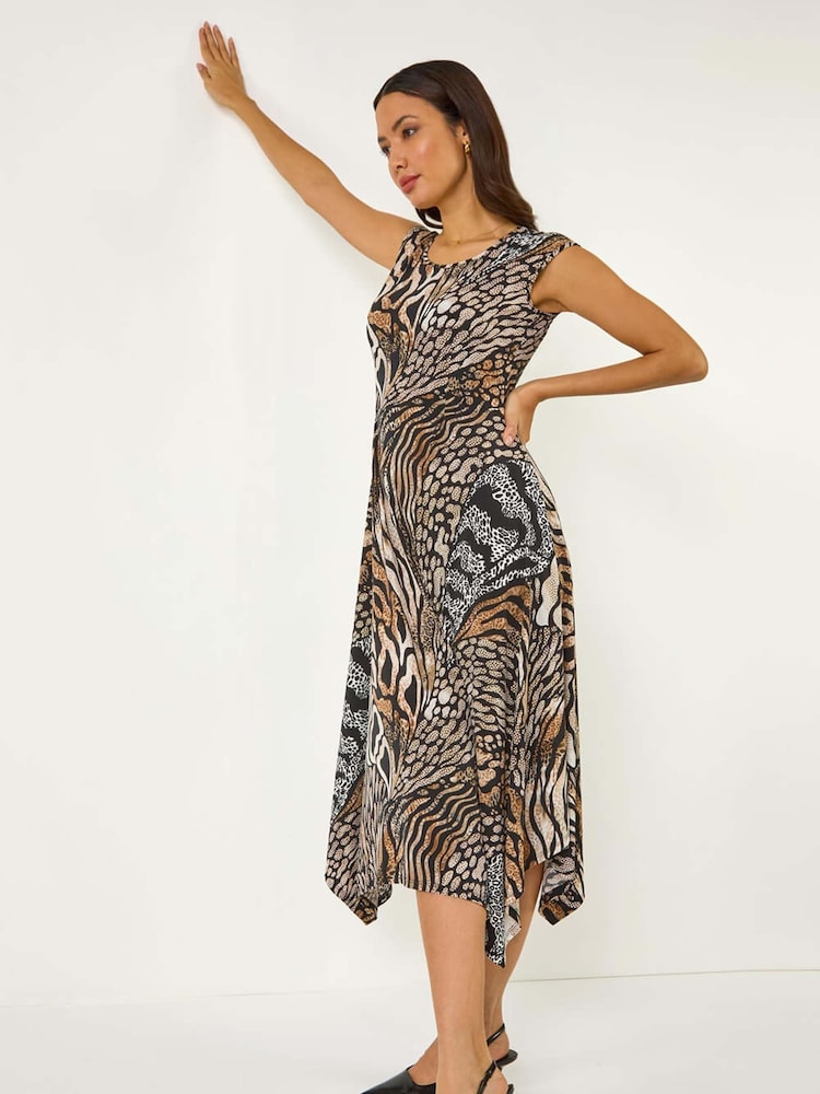 Roman Brown Animal Print Hanky Hem Midi Dress - Image 1 of 5