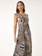 Roman Brown Animal Print Hanky Hem Midi Dress - Image 2 of 5