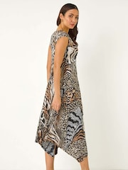 Roman Brown Animal Print Hanky Hem Midi Dress - Image 3 of 5