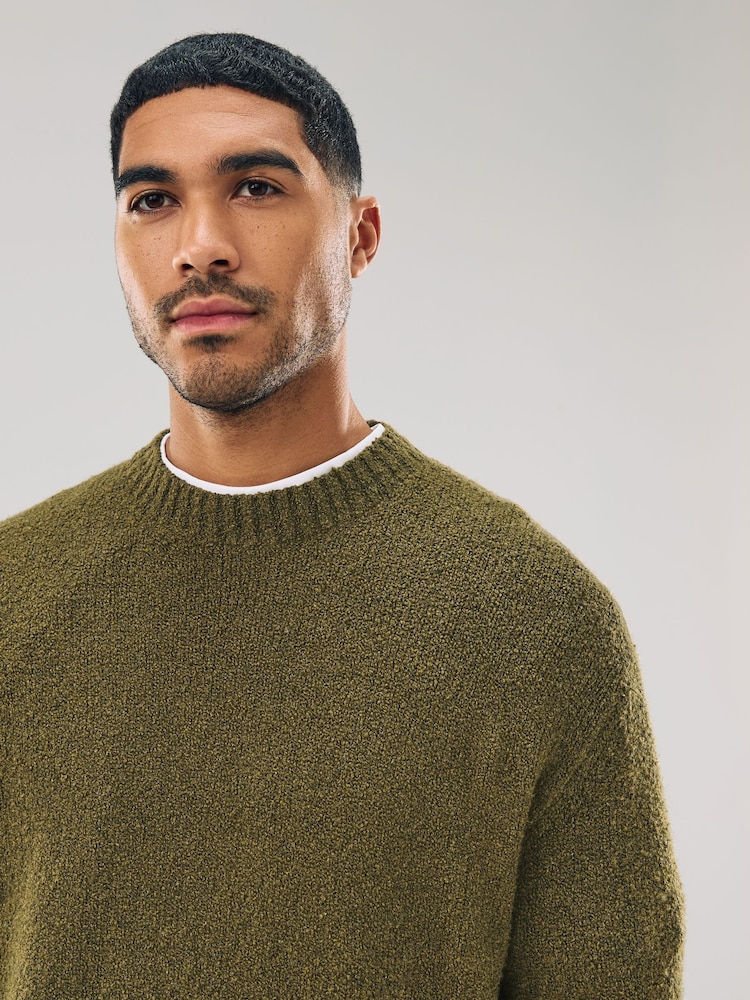 Khaki Green Regular Fit Boucle Crew Neck Jumper with Wool - Image 1 of 7 Khaki Green Regular Fit Boucle Crew Neck Jumper with Wool - Image 1 of 7