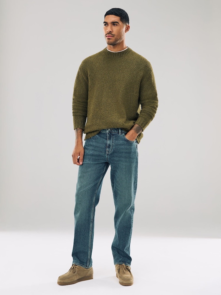 Khaki Green Regular Fit Boucle Crew Neck Jumper with Wool - Image 2 of 7 Khaki Green Regular Fit Boucle Crew Neck Jumper with Wool - Image 2 of 7
