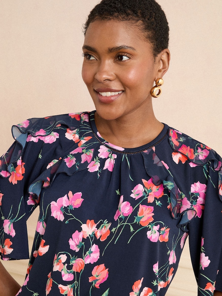 Love & Roses Blue/Navy Floral Print Short Sleeve Ruffle Blouse - Image 2 of 4 Love & Roses Blue/Navy Floral Print Short Sleeve Ruffle Blouse - Image 2 of 4