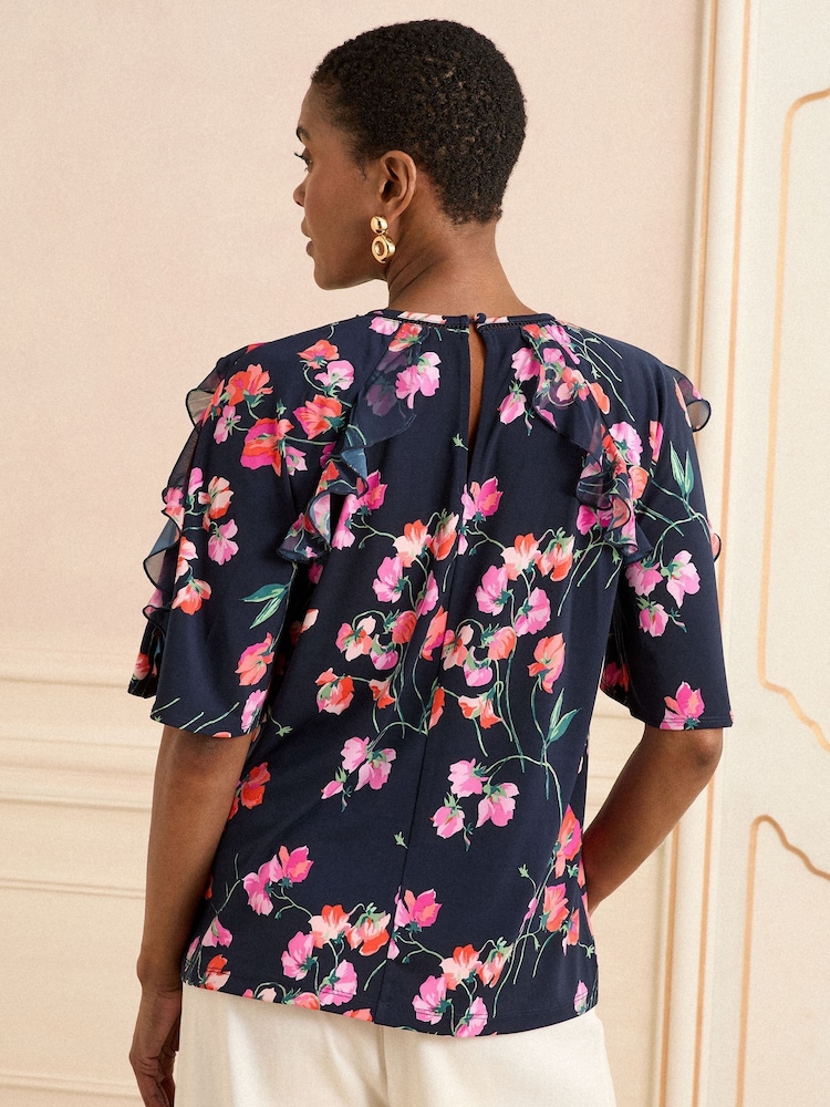 Love & Roses Blue/Navy Floral Print Short Sleeve Ruffle Blouse - Image 4 of 4 Love & Roses Blue/Navy Floral Print Short Sleeve Ruffle Blouse - Image 4 of 4